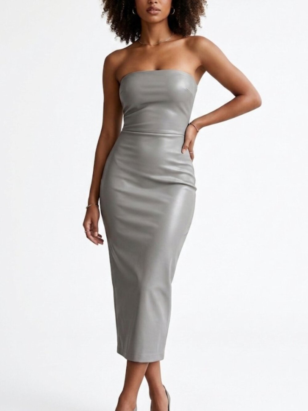 Naked Wardrobe Faux Leather Strapless Midi Dress Gray Bodycon Party Size XL NWT